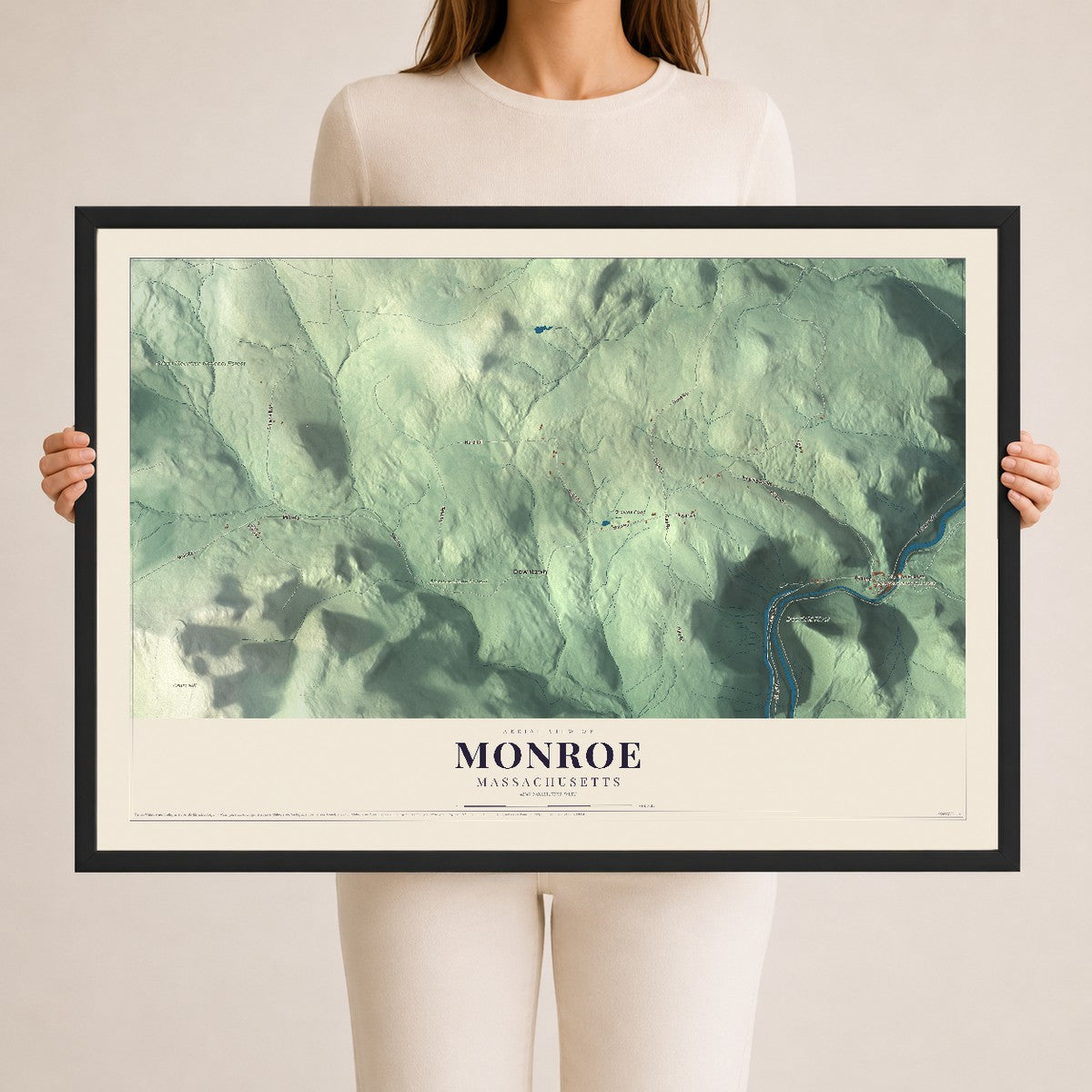 Monroe, Massachusetts map print - 24 x 36 black Ayous wood frame