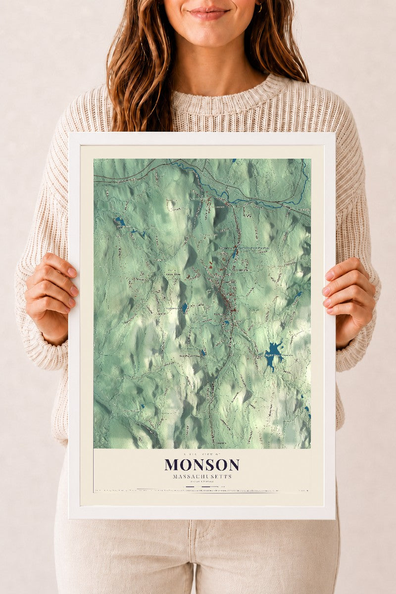 Monson, Massachusetts map print - 12 x 18 white Ayous wood frame