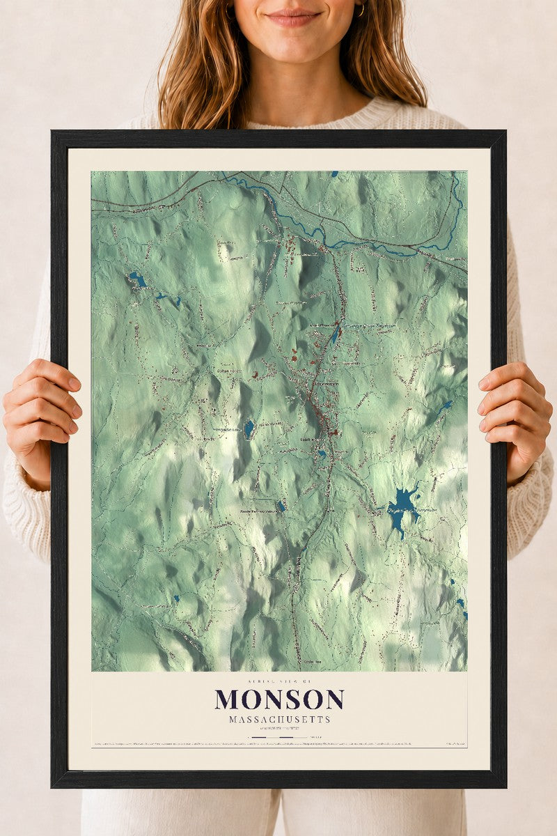 Monson, Massachusetts map print - 18 x 24 black Ayous wood frame