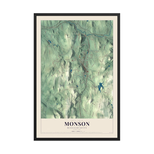 Map of Monson, Massachusetts, 12 x 18 inch print in a black wood frame