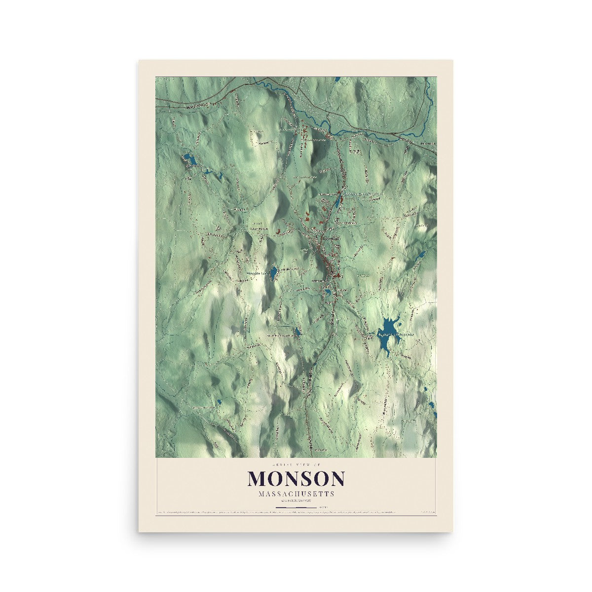 Map of Monson, Massachusetts, 12 x 18 inch unframed archival matte print