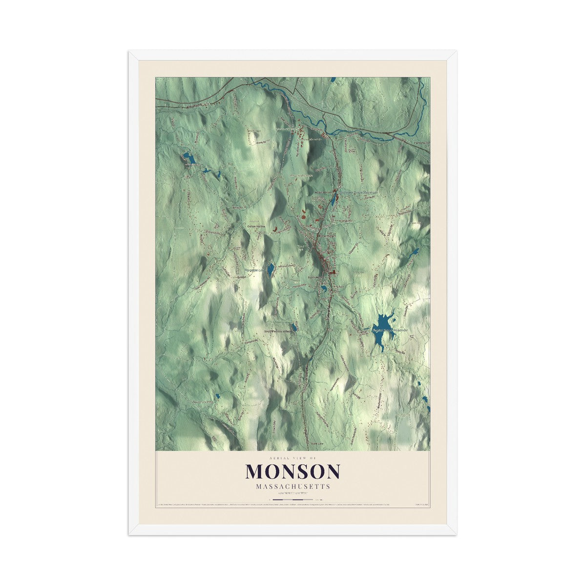 Map of Monson, Massachusetts, 12 x 18 inch print in a white wood frame