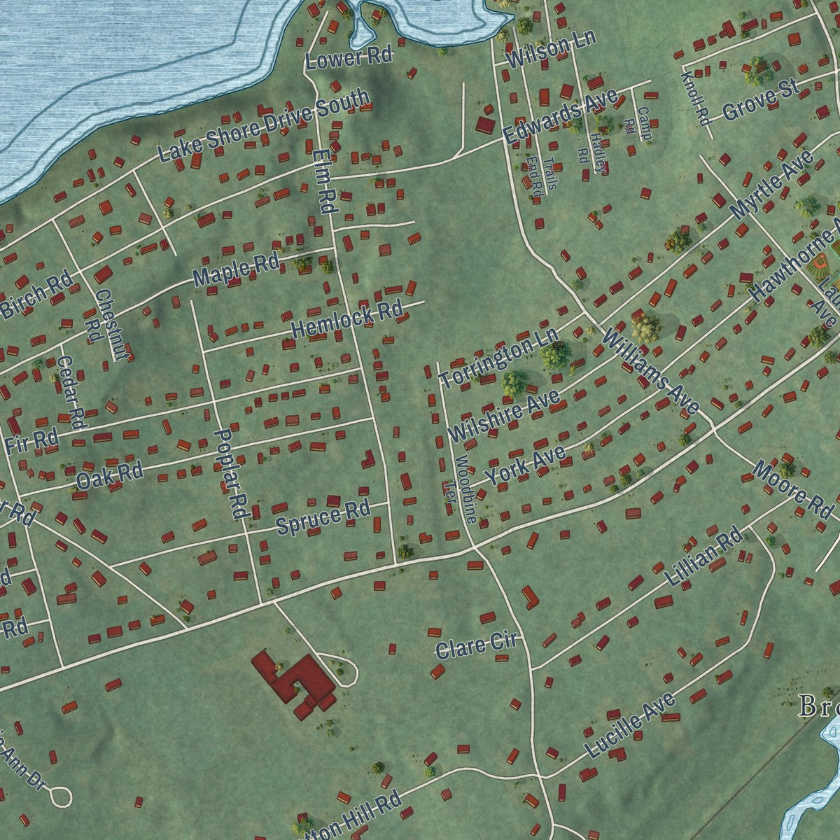 Close-up of the map of Nabnasset, Massachusetts print showing street and building detail