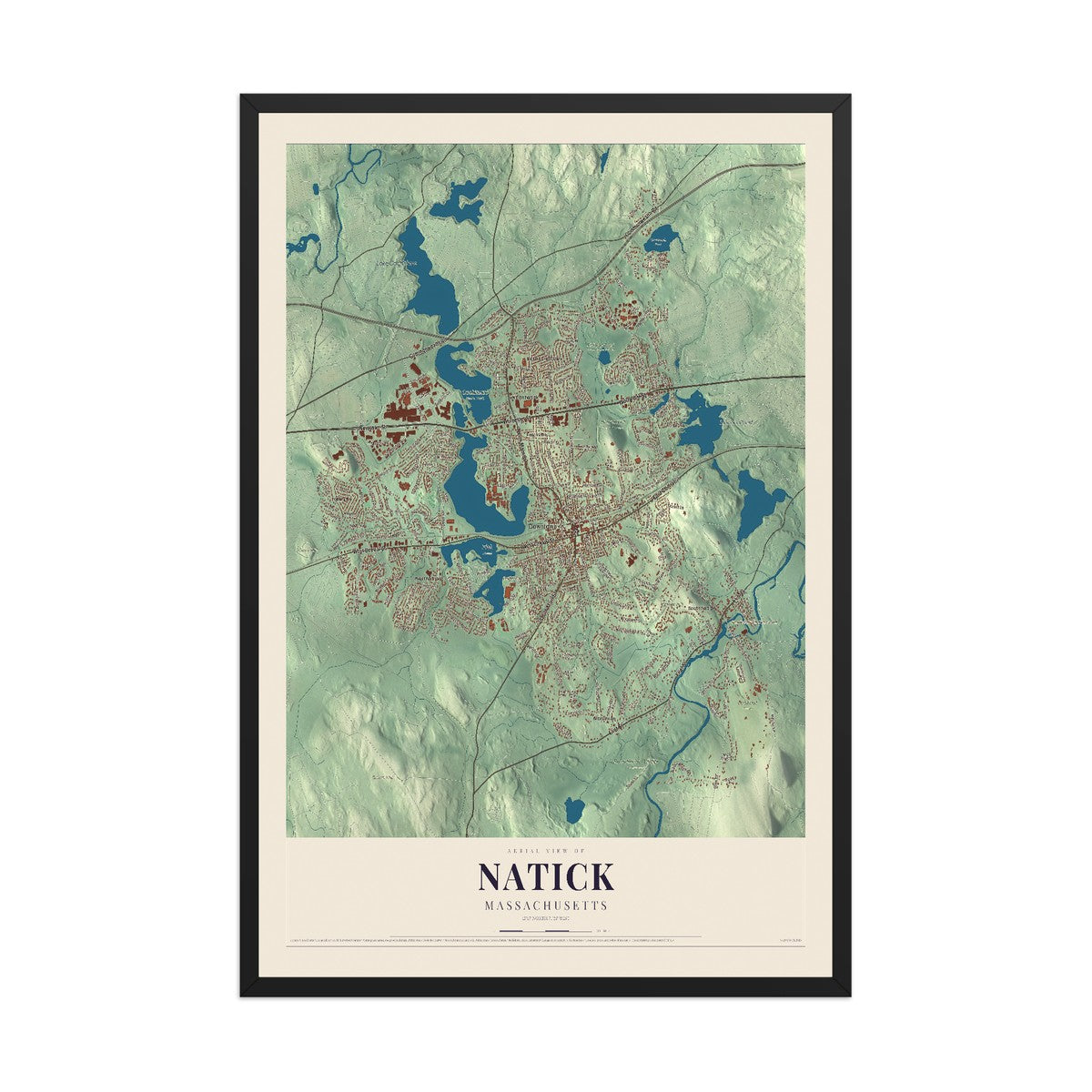 Map of Natick, Massachusetts, 12 x 18 inch print in a black wood frame