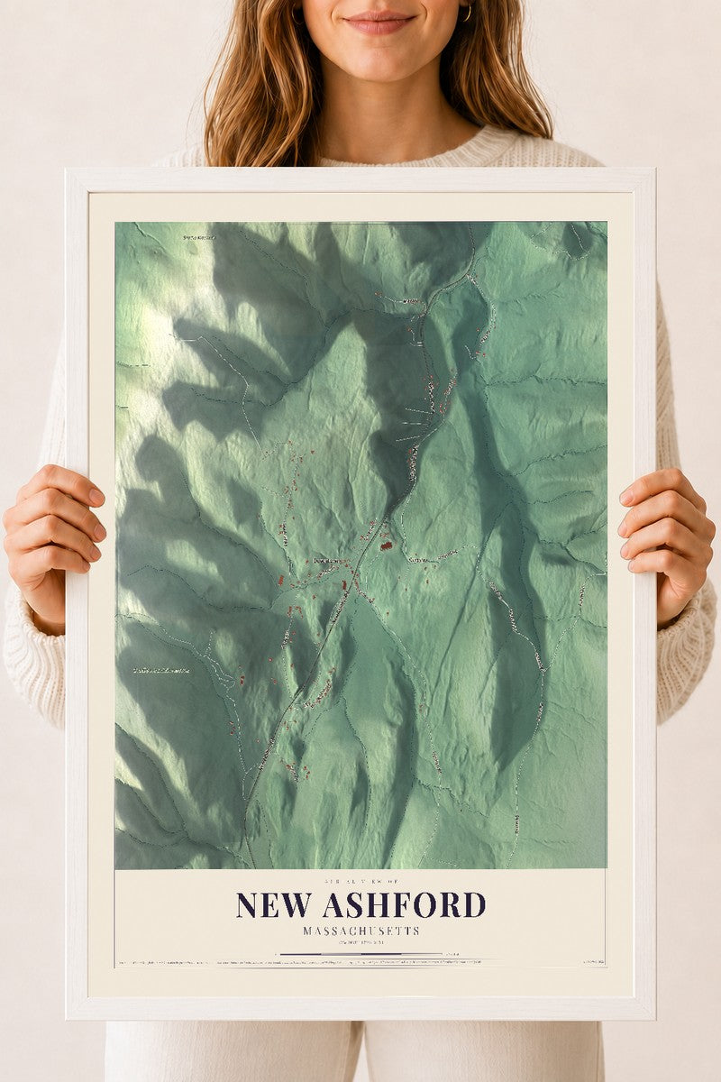 New Ashford, Massachusetts map print - 18 x 24 white Ayous wood frame