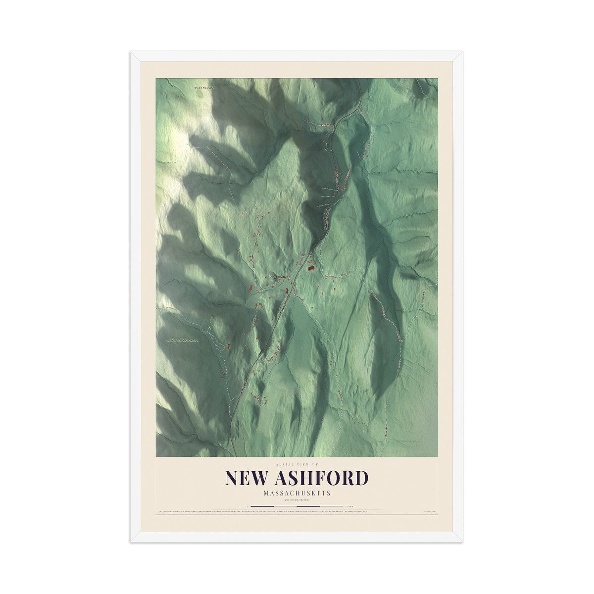 Map of New Ashford, Massachusetts, 12 x 18 inch print in a white wood frame