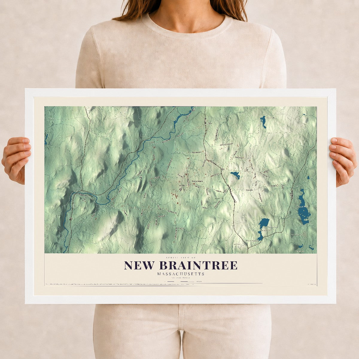 New Braintree, Massachusetts map print - 12 x 18 white Ayous wood frame