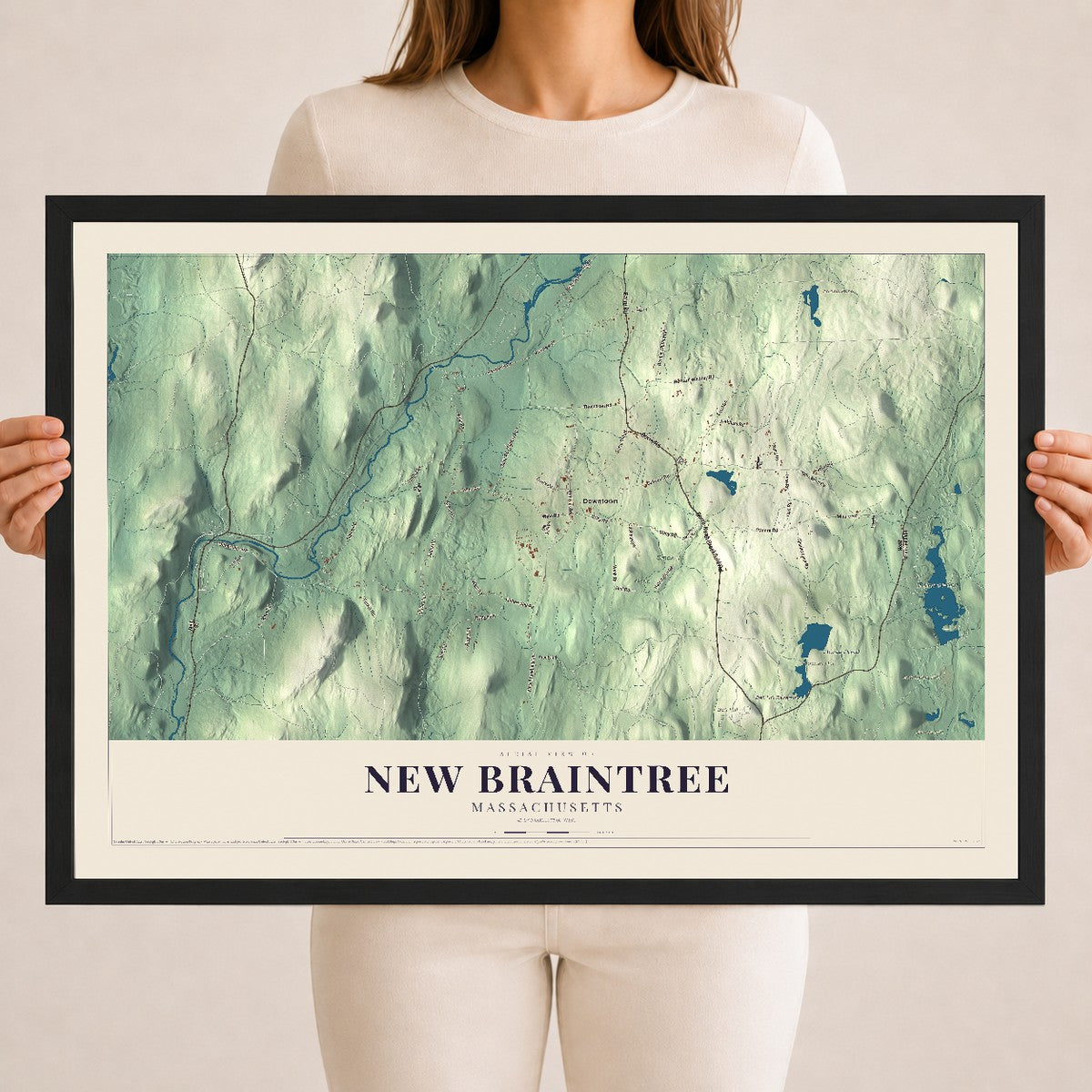 New Braintree, Massachusetts map print - 18 x 24 black Ayous wood frame