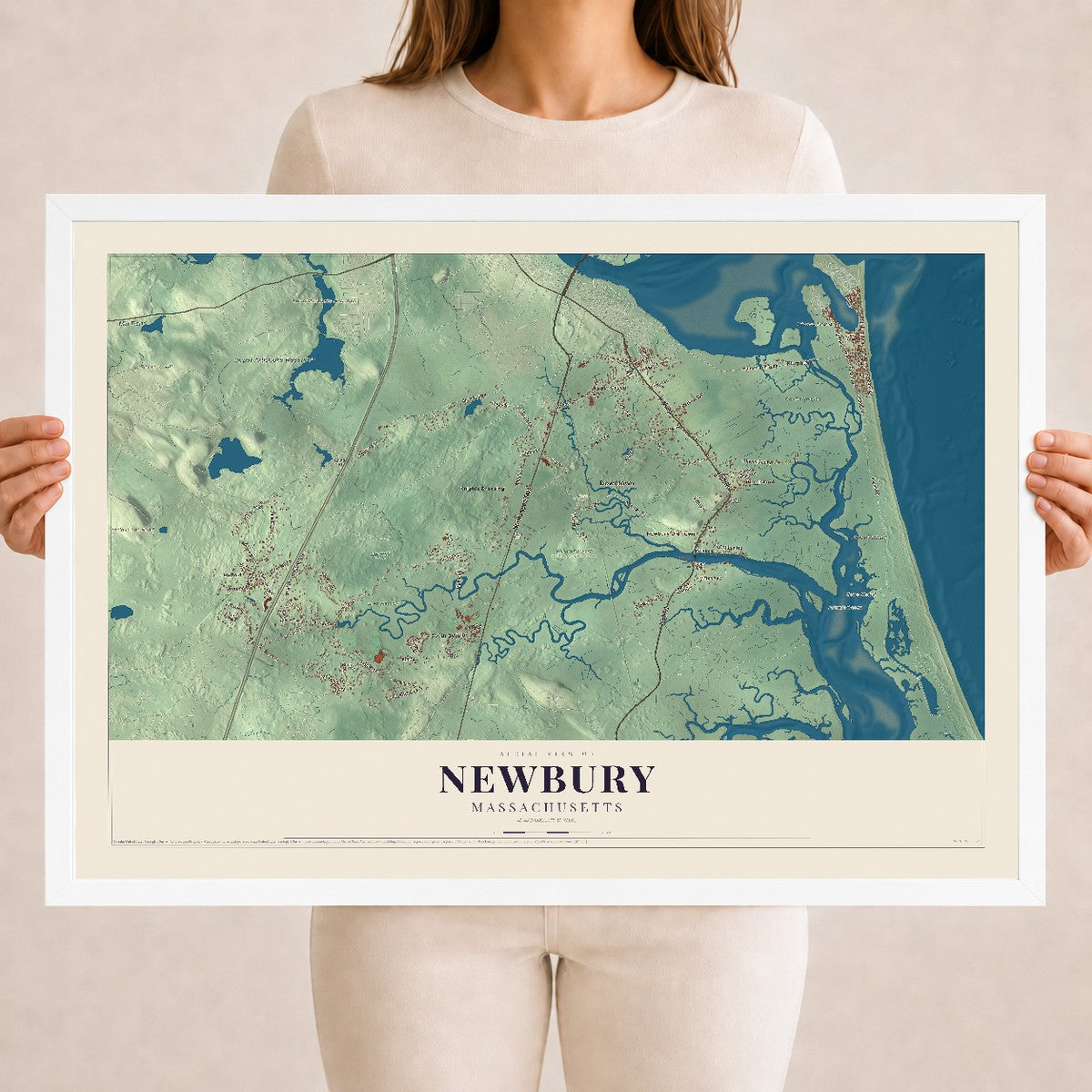 Newbury, Massachusetts map print - 18 x 24 white Ayous wood frame