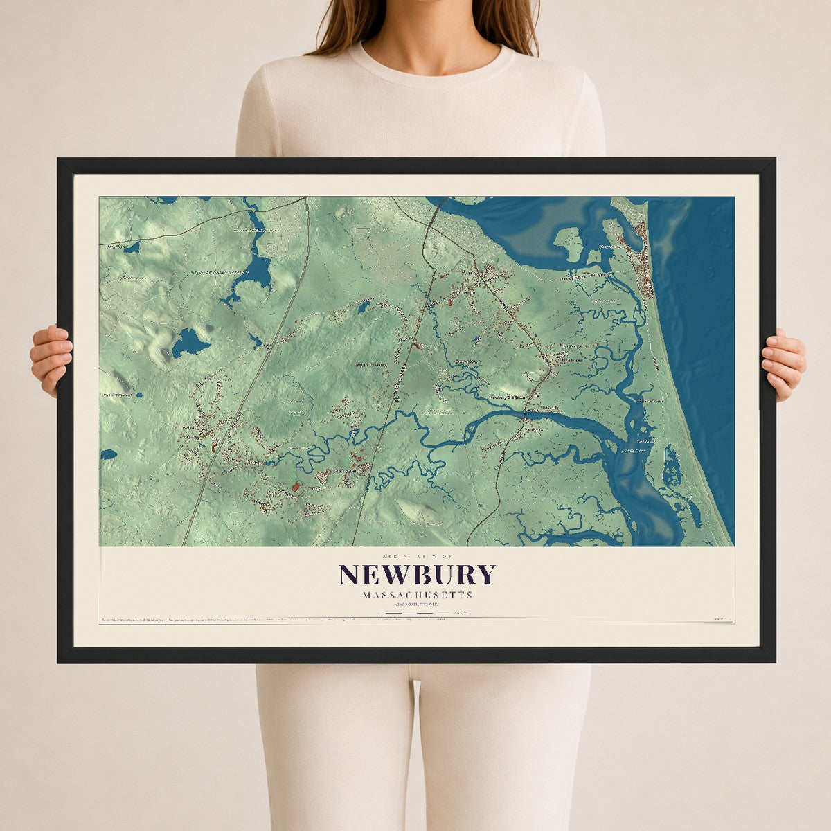 Newbury, Massachusetts map print - 24 x 36 black Ayous wood frame