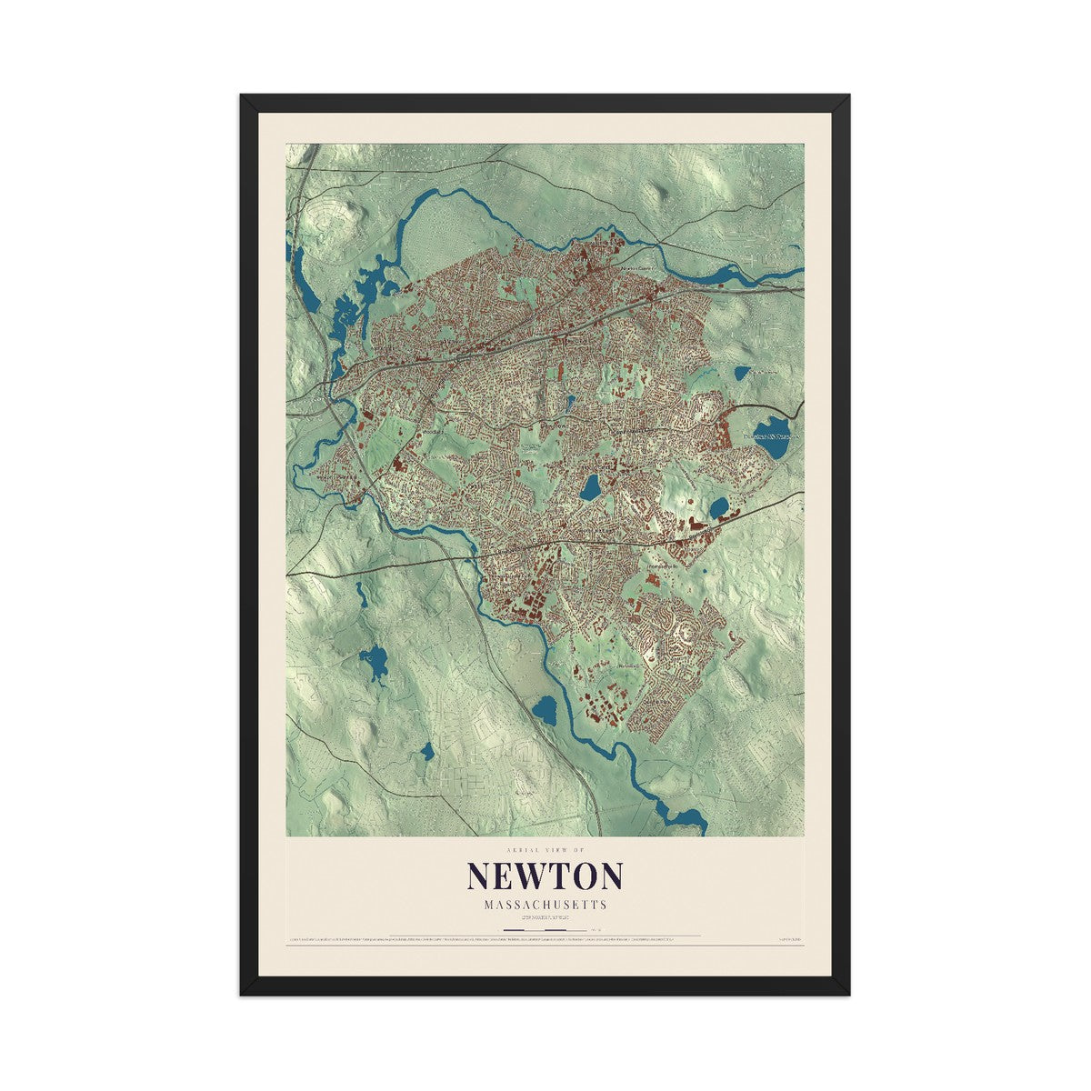 Map of Newton, Massachusetts, 12 x 18 inch print in a black wood frame