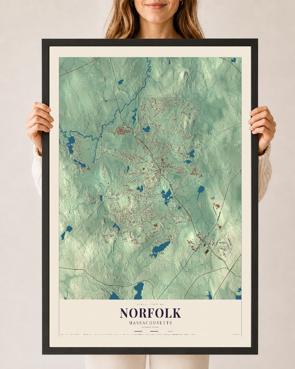 Norfolk, Massachusetts map print - 24 x 36 black Ayous wood frame