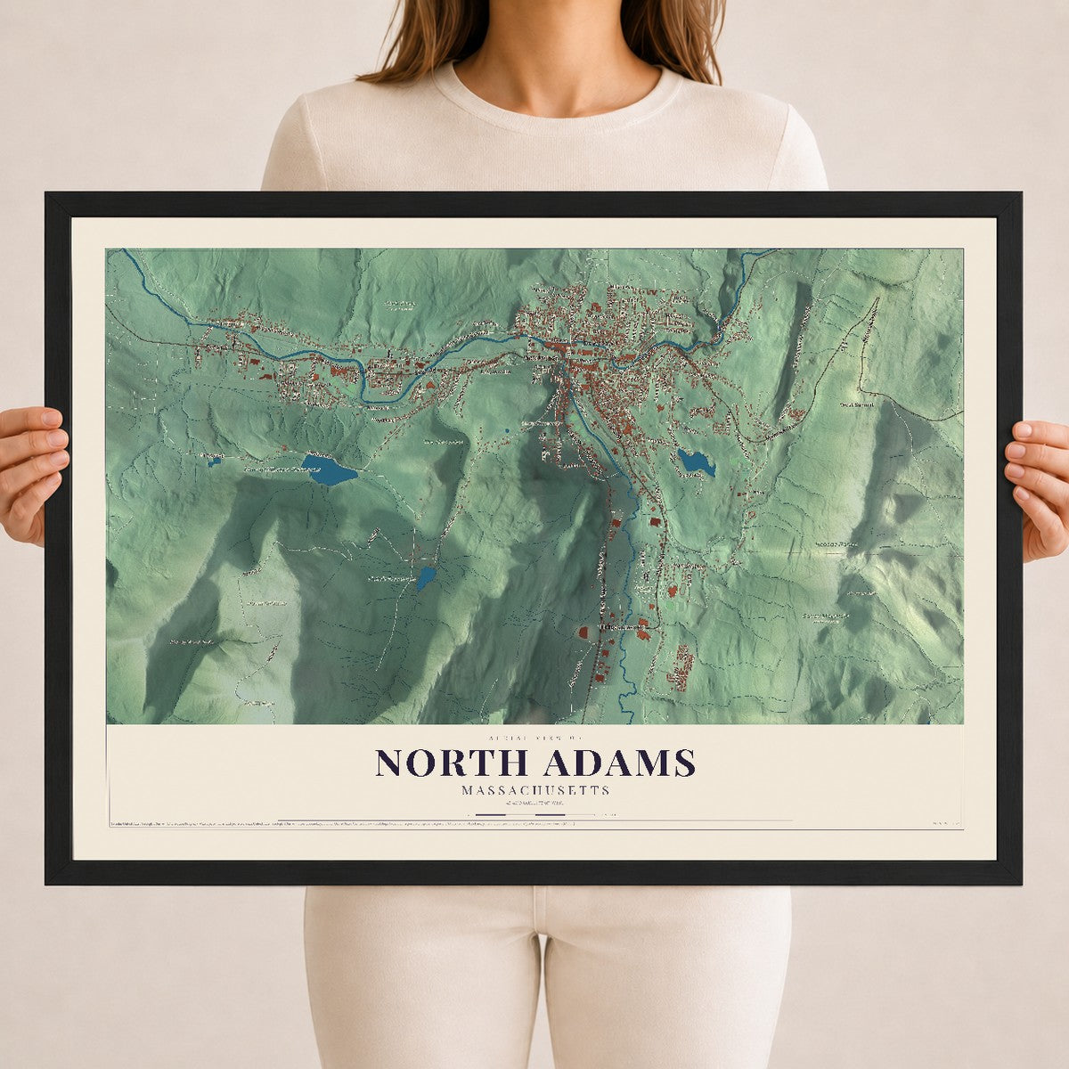 North Adams, Massachusetts map print - 18 x 24 black Ayous wood frame