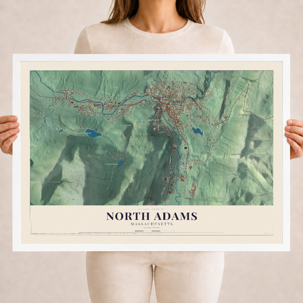 North Adams, Massachusetts map print - 18 x 24 white Ayous wood frame