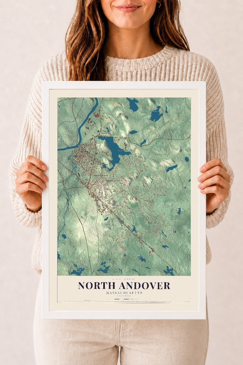 North Andover, Massachusetts map print - 12 x 18 white Ayous wood frame