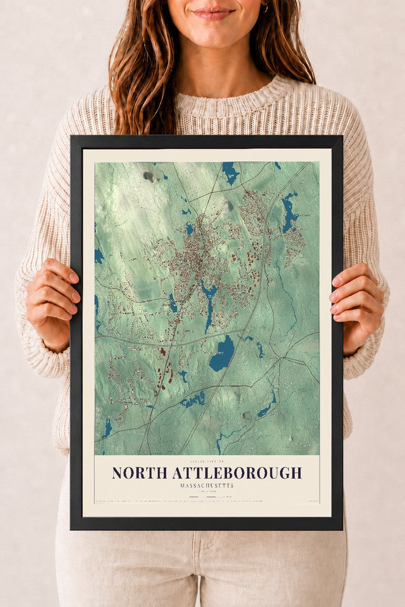 North Attleborough, Massachusetts map print - 12 x 18 black Ayous wood frame