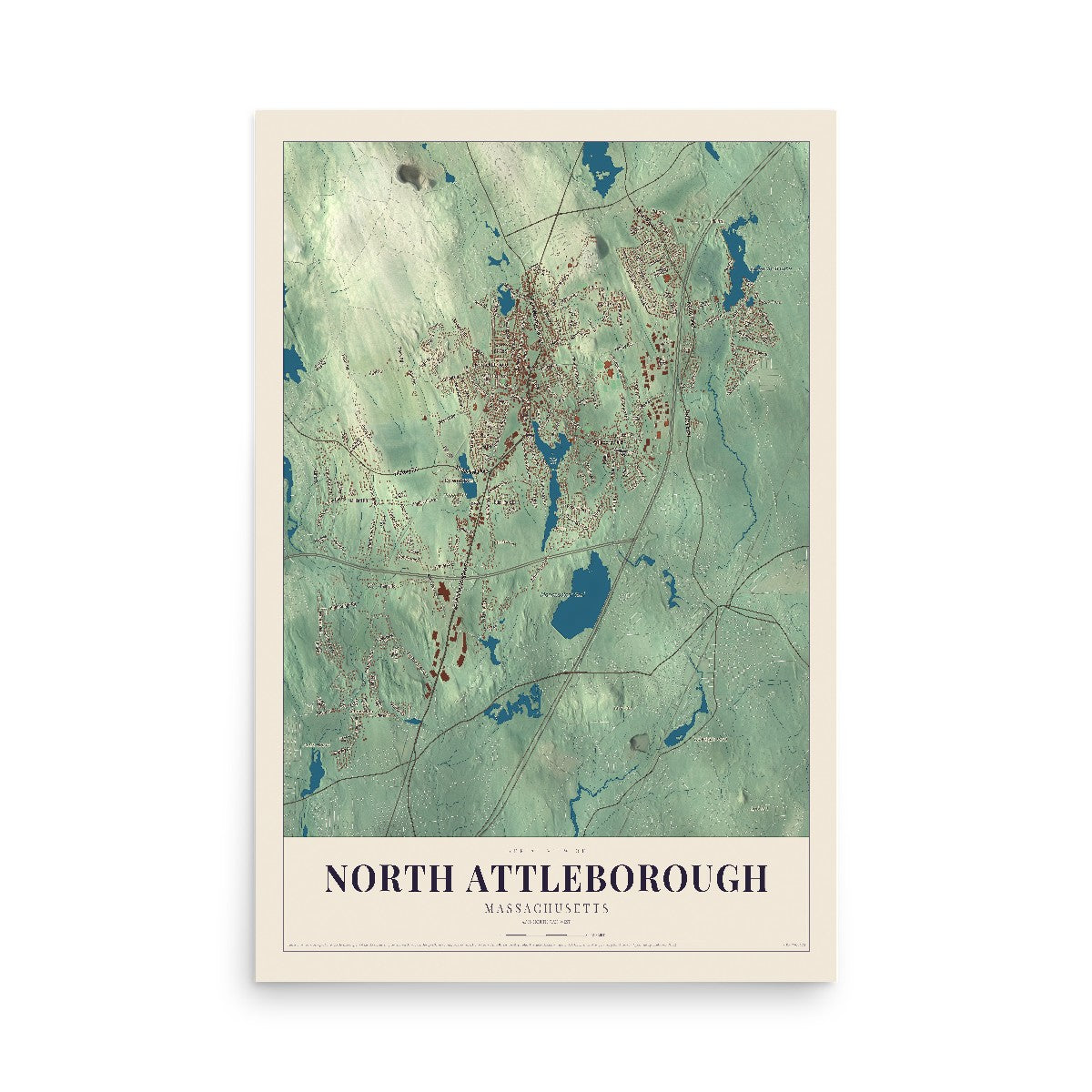 Map of North Attleborough, Massachusetts, 12 x 18 inch unframed archival matte print