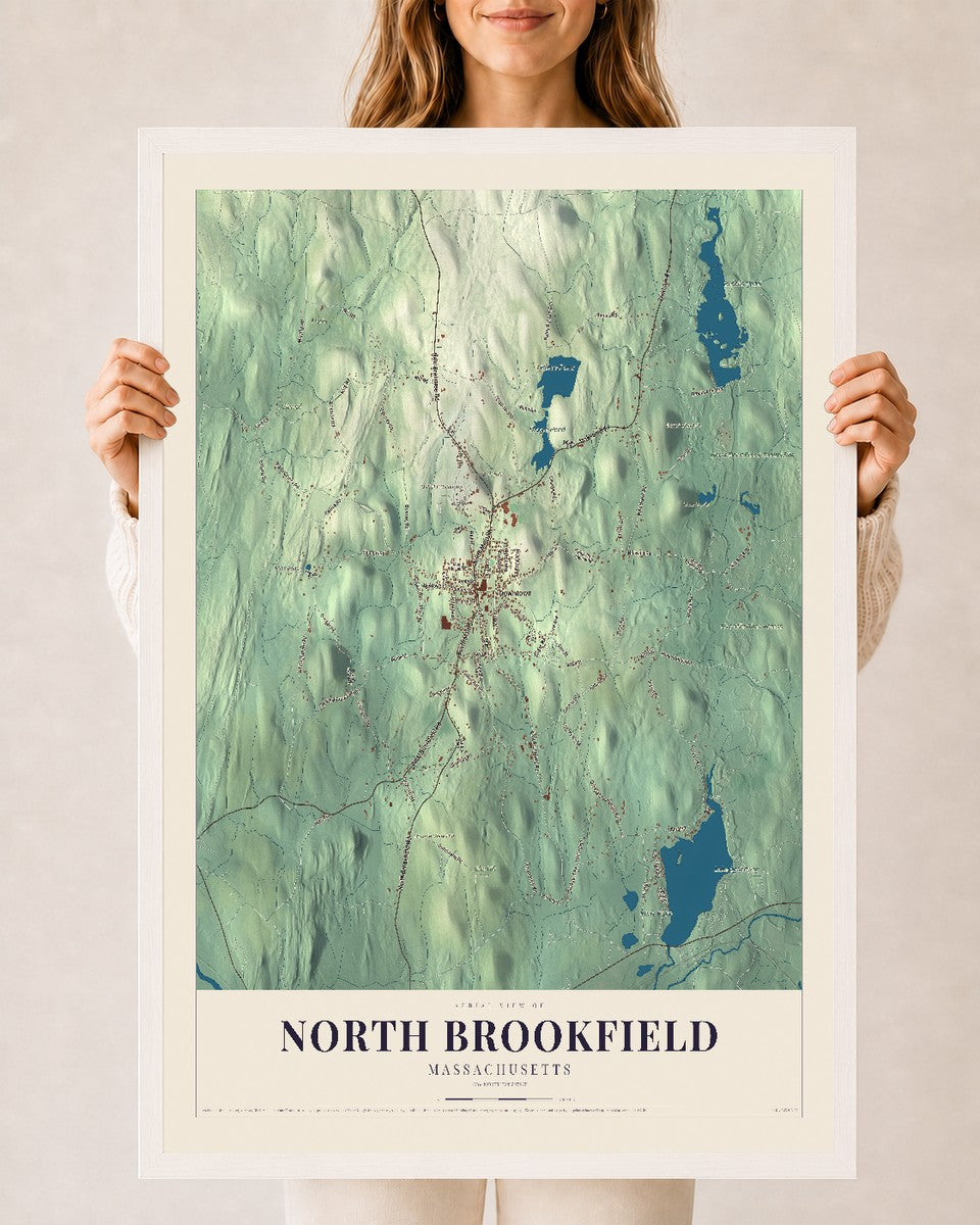 North Brookfield, Massachusetts map print - 24 x 36 white Ayous wood frame
