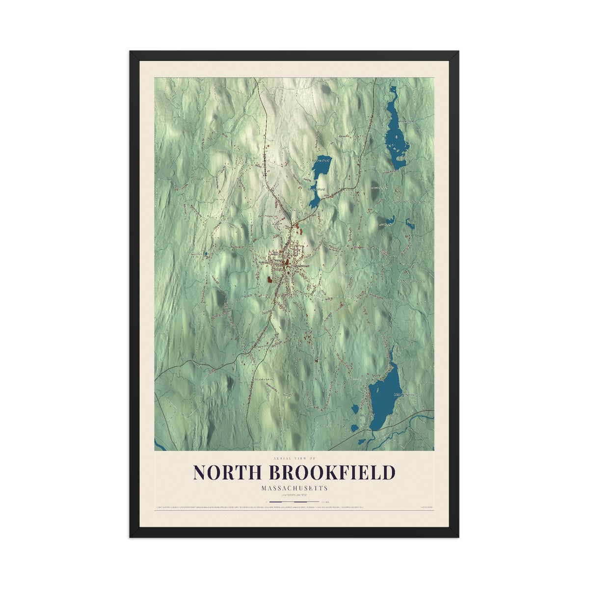 Map of North Brookfield, Massachusetts, 12 x 18 inch print in a black wood frame