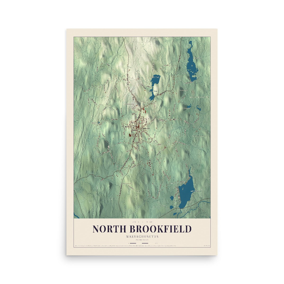 Map of North Brookfield, Massachusetts, 12 x 18 inch unframed archival matte print