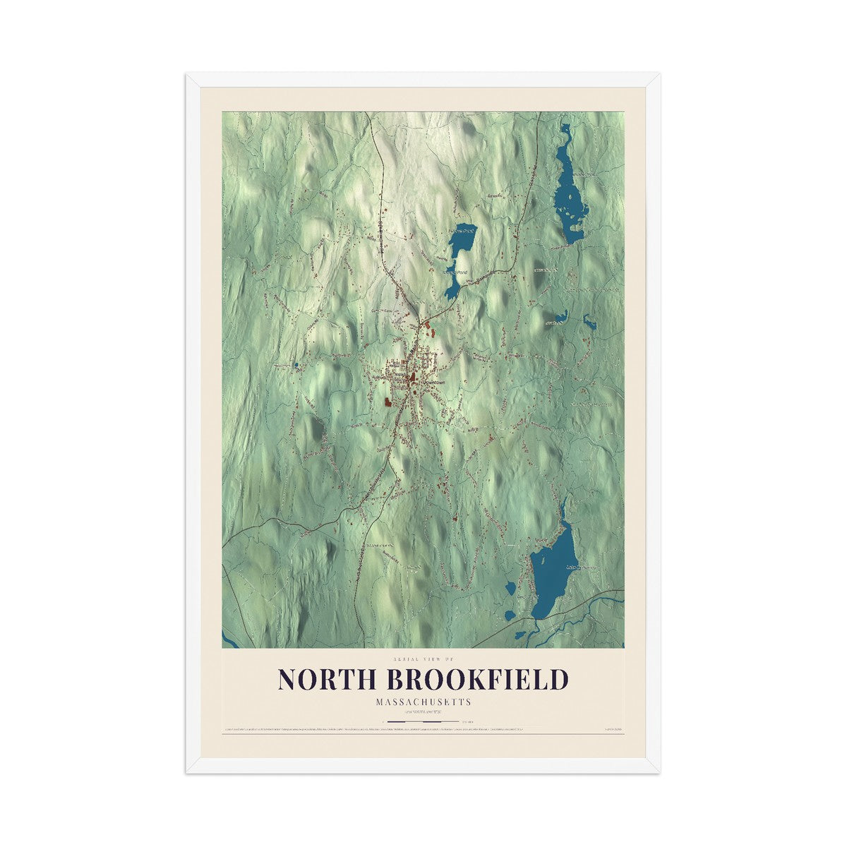 Map of North Brookfield, Massachusetts, 12 x 18 inch print in a white wood frame