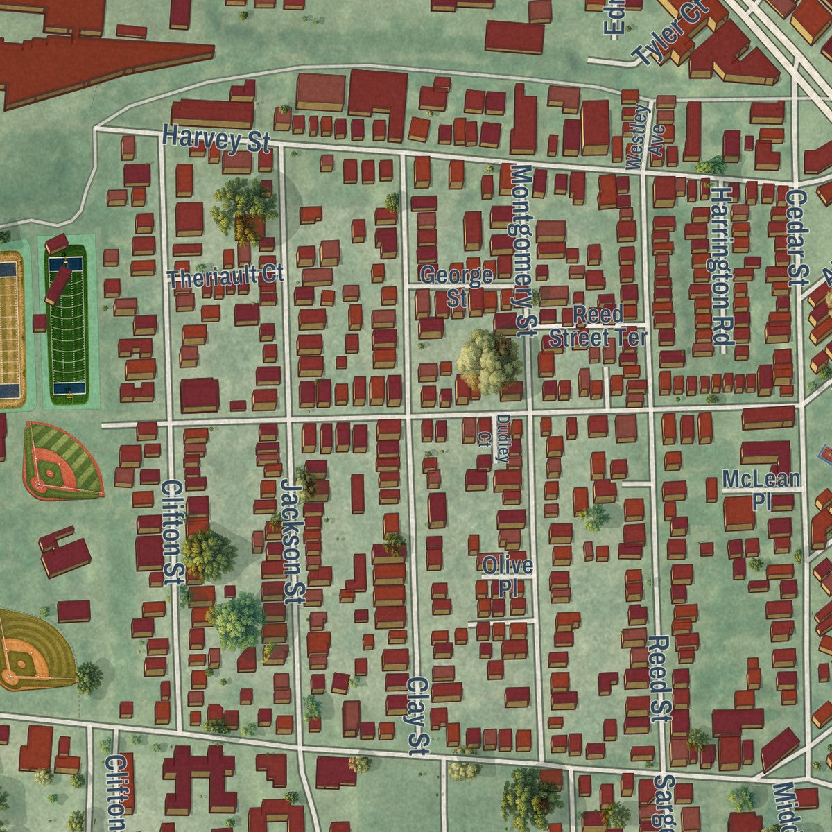 Close-up of the map of North Cambridge, Massachusetts print showing street and building detail