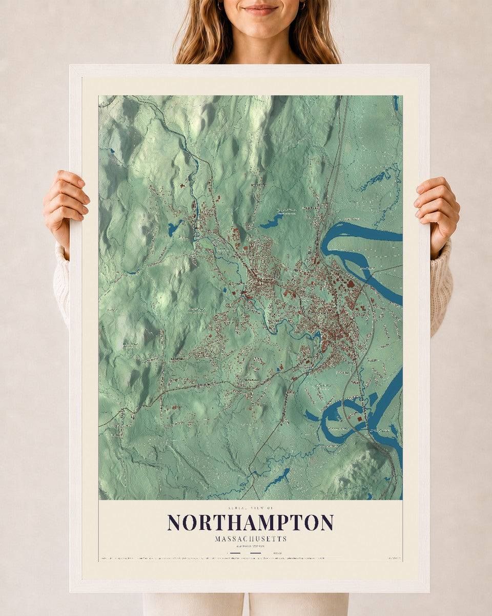 Northampton, Massachusetts map print - 24 x 36 white Ayous wood frame