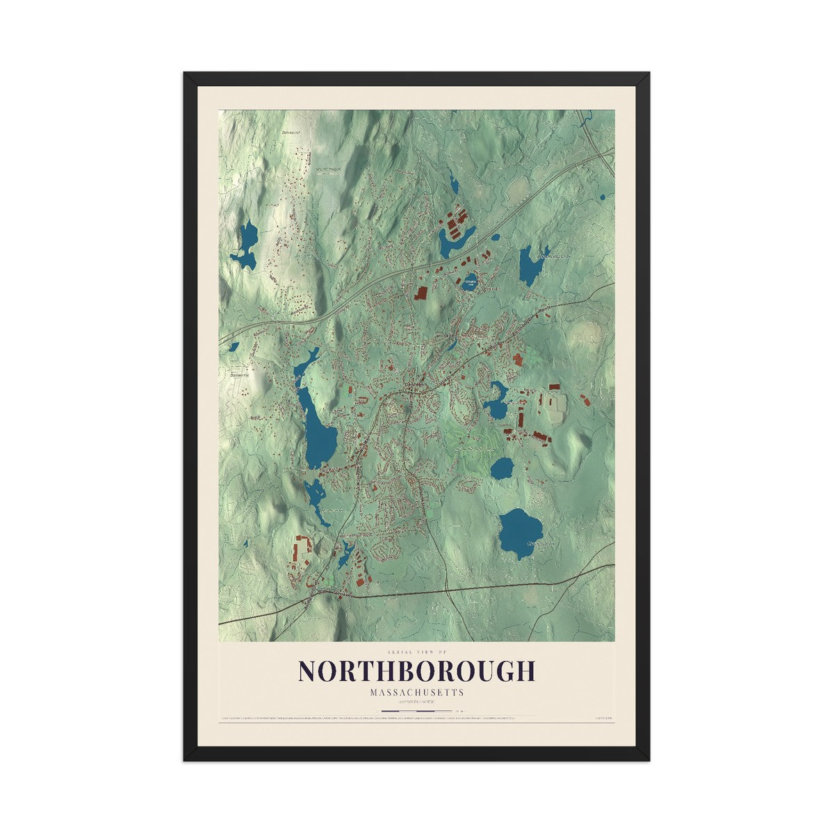 Map of Northborough, Massachusetts, 12 x 18 inch print in a black wood frame