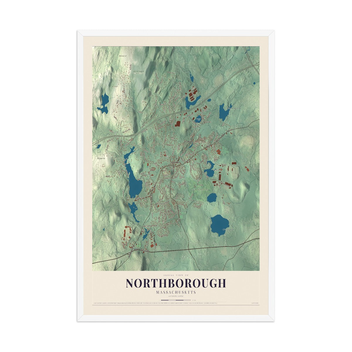 Map of Northborough, Massachusetts, 12 x 18 inch print in a white wood frame