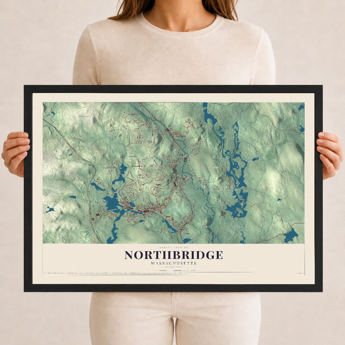 Northbridge, Massachusetts map print - 12 x 18 black Ayous wood frame
