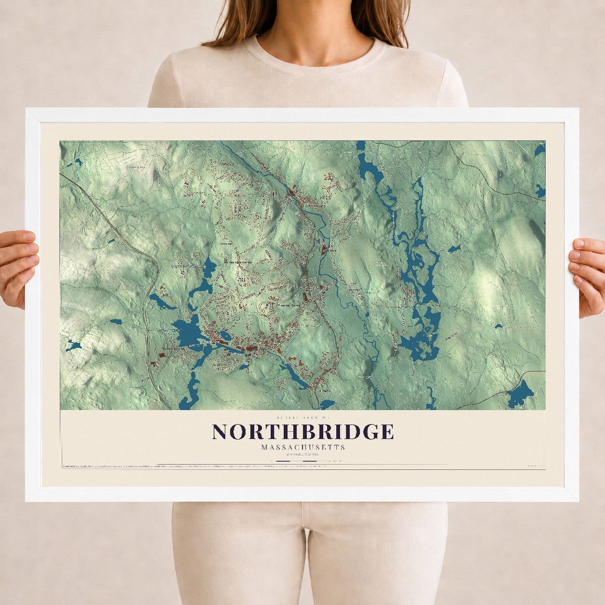 Northbridge, Massachusetts map print - 18 x 24 white Ayous wood frame