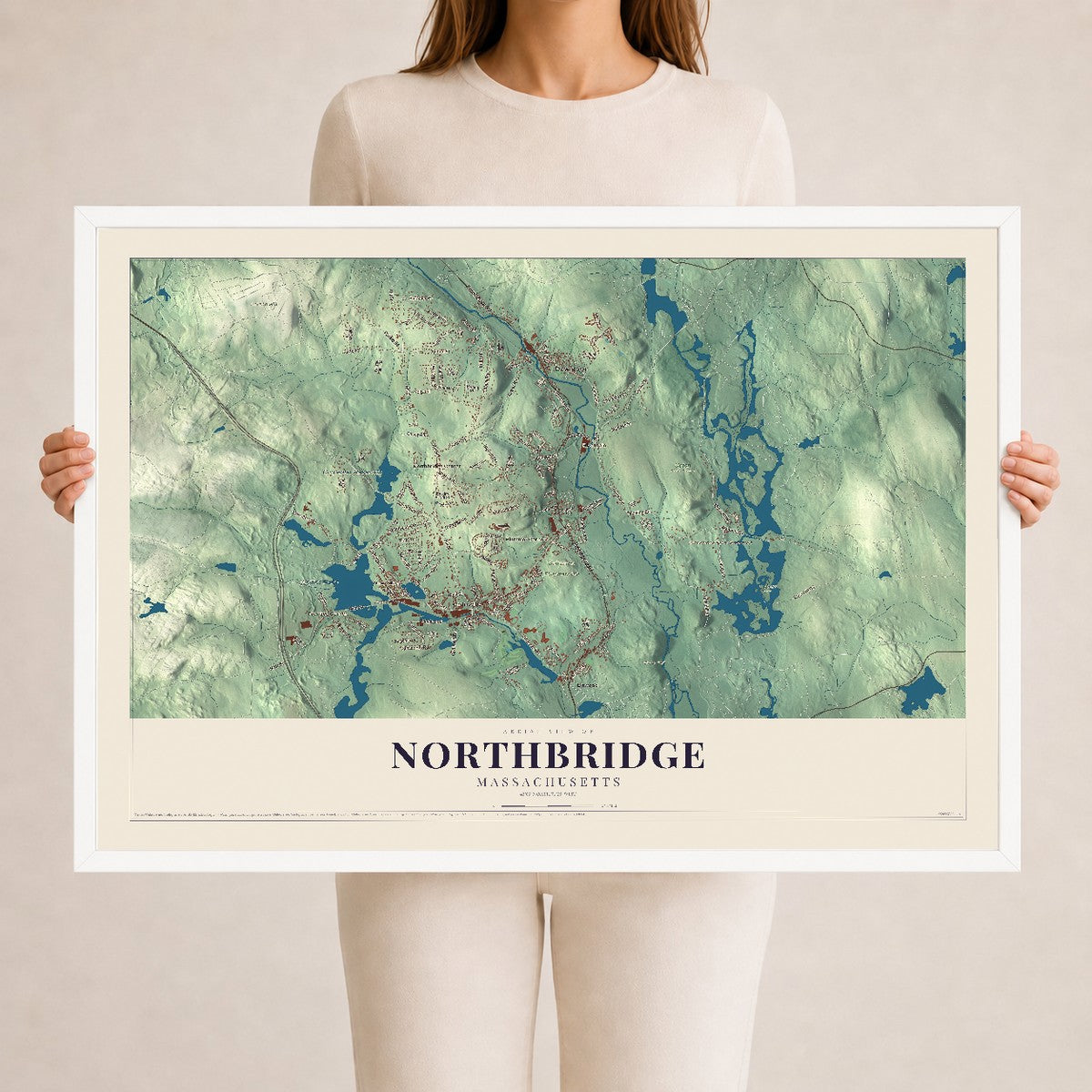 Northbridge, Massachusetts map print - 24 x 36 white Ayous wood frame