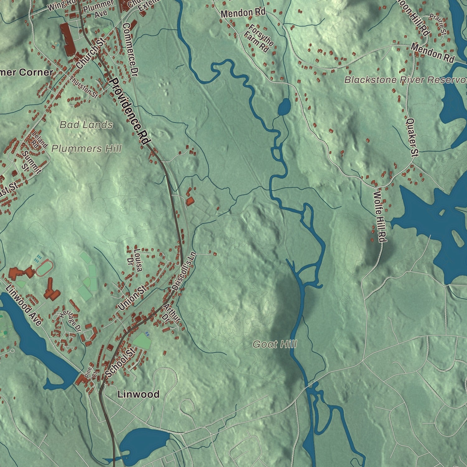 Terrain and local geography detail from the Northbridge, Massachusetts map