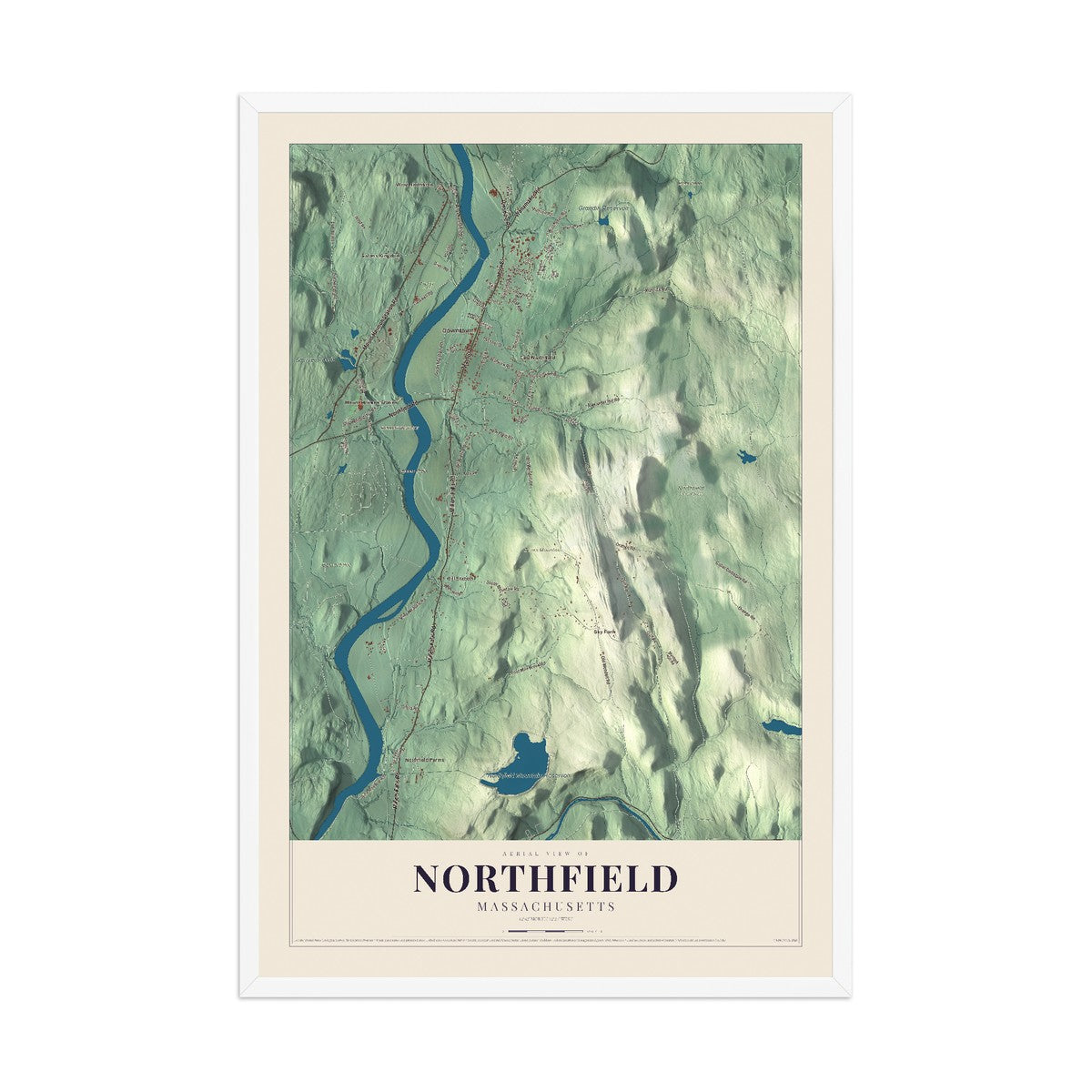 Map of Northfield, Massachusetts, 12 x 18 inch print in a white wood frame