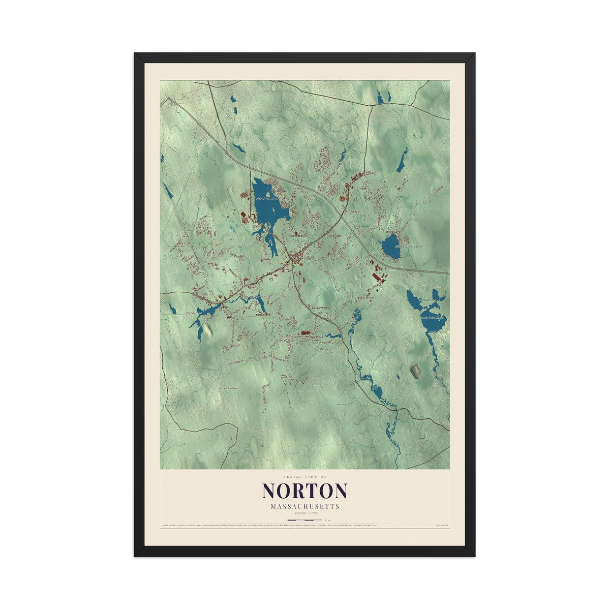 Map of Norton, Massachusetts, 12 x 18 inch print in a black wood frame