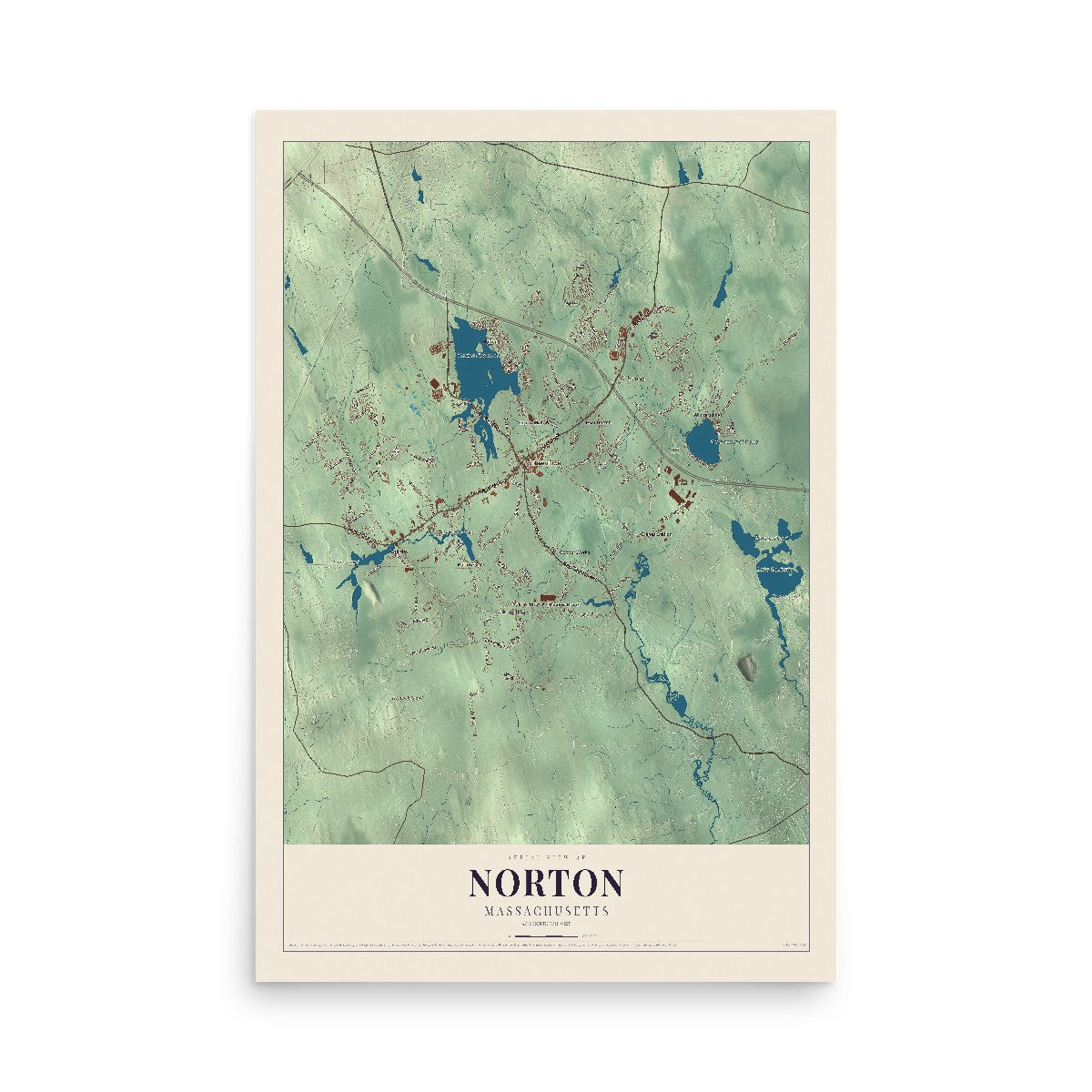 Map of Norton, Massachusetts, 12 x 18 inch unframed archival matte print