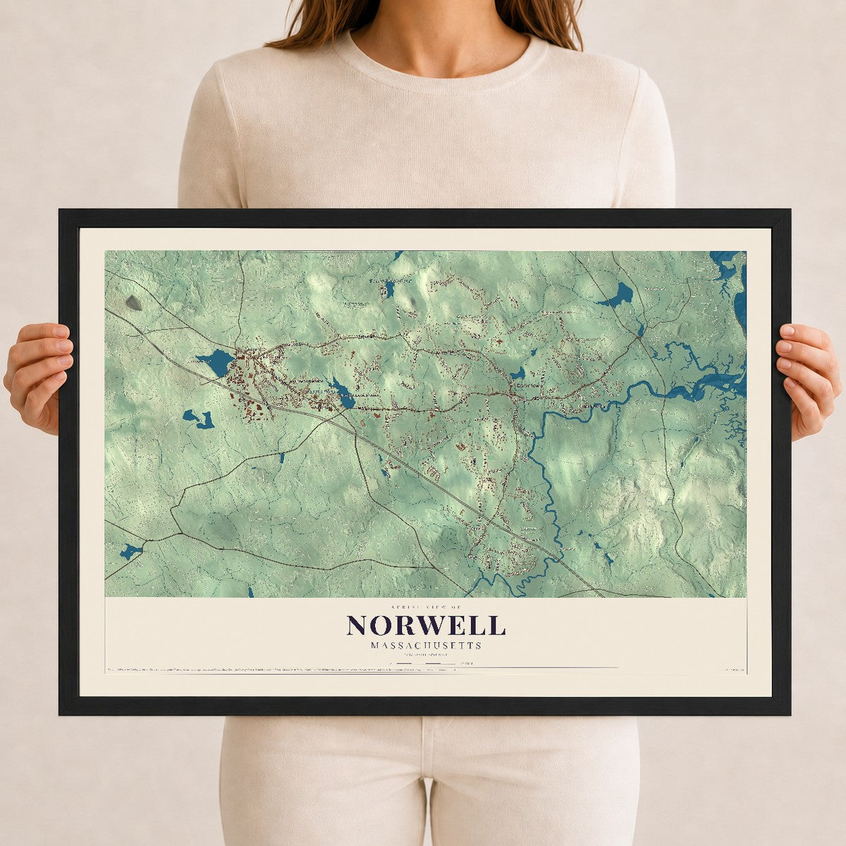 Norwell, Massachusetts map print - 12 x 18 black Ayous wood frame