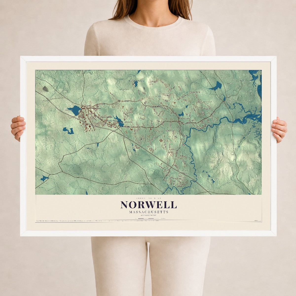 Norwell, Massachusetts map print - 24 x 36 white Ayous wood frame