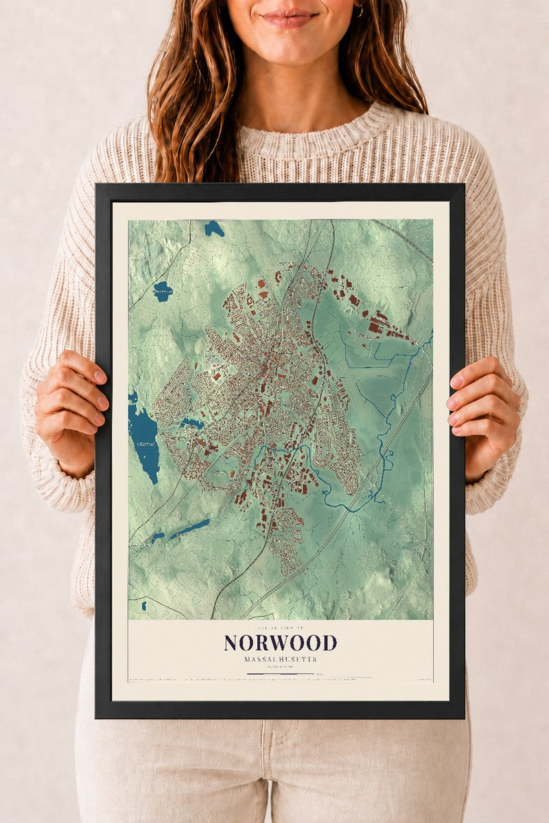 Norwood, Massachusetts map print - 12 x 18 black Ayous wood frame