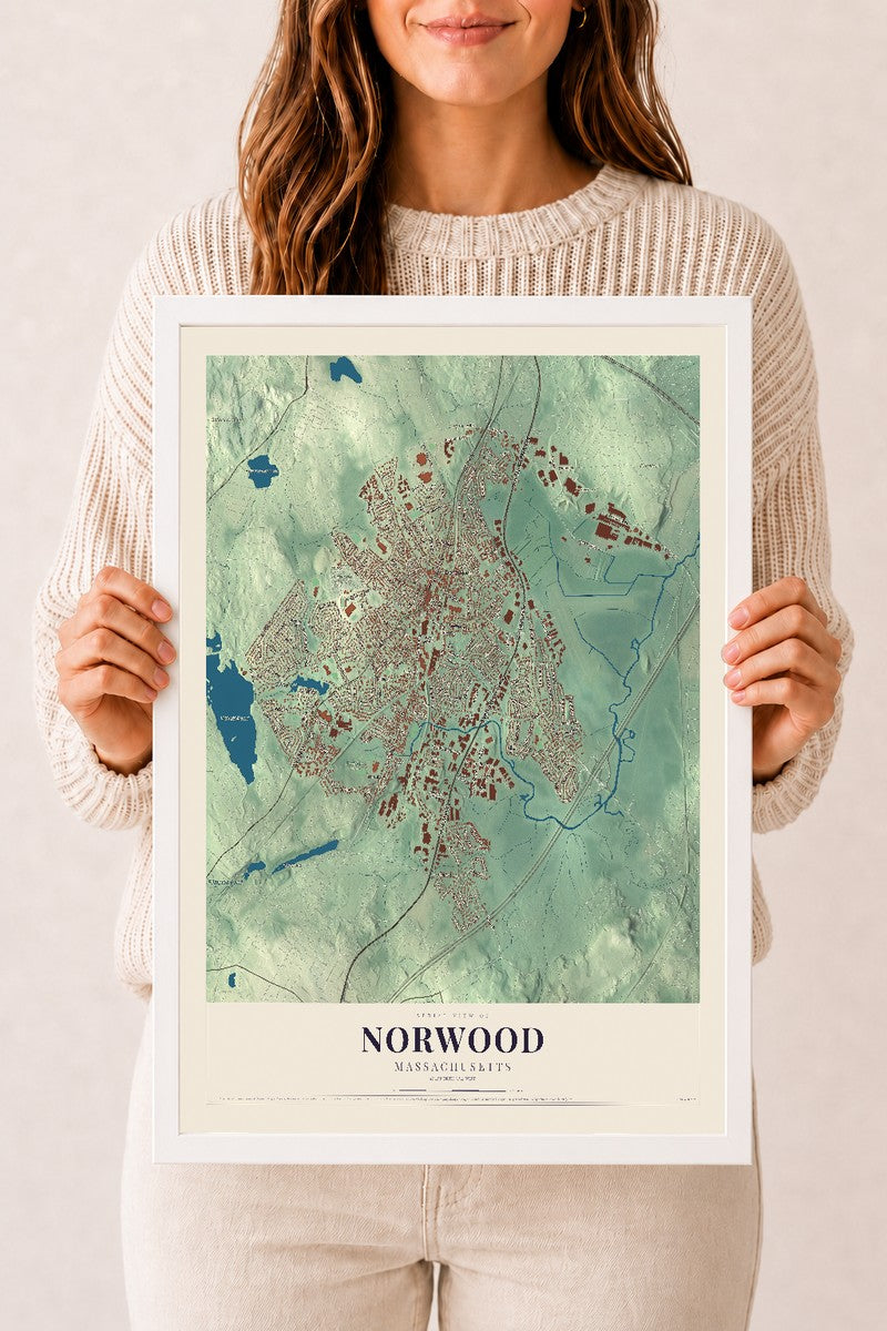 Norwood, Massachusetts map print - 12 x 18 white Ayous wood frame