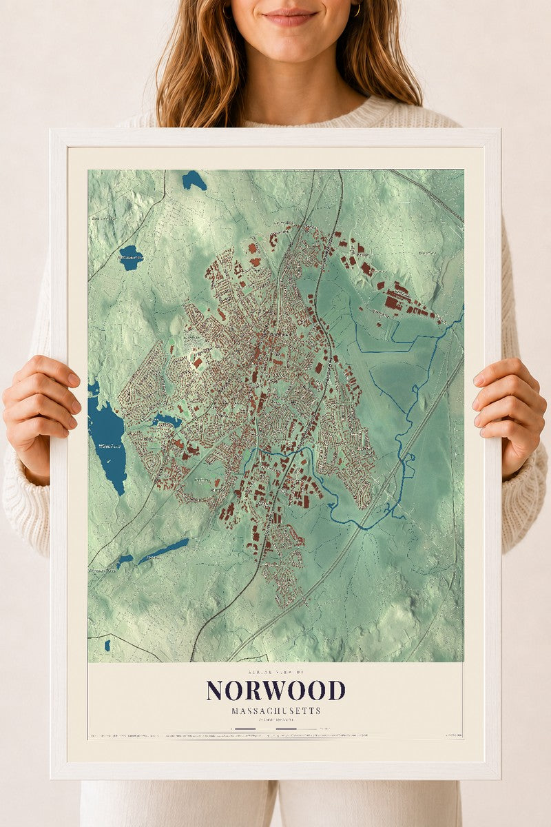 Norwood, Massachusetts map print - 18 x 24 white Ayous wood frame