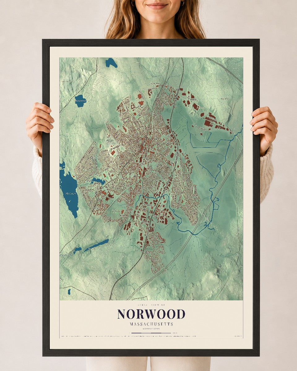 Norwood, Massachusetts map print - 24 x 36 black Ayous wood frame