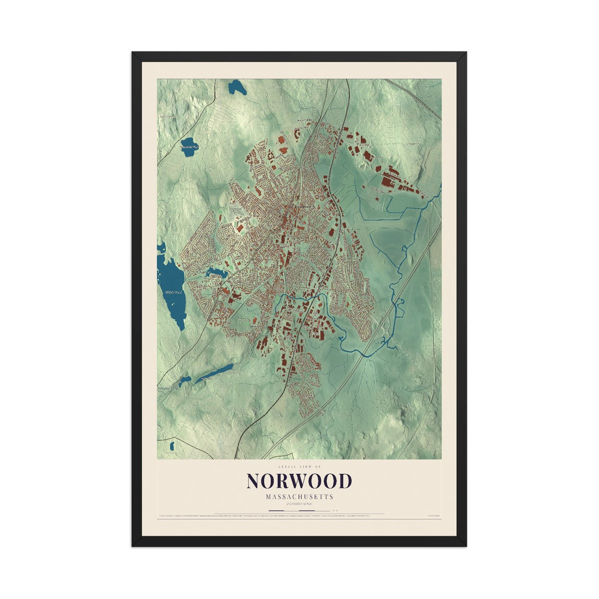 Map of Norwood, Massachusetts, 12 x 18 inch print in a black wood frame