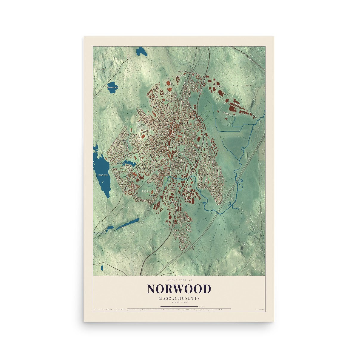 Map of Norwood, Massachusetts, 12 x 18 inch unframed archival matte print