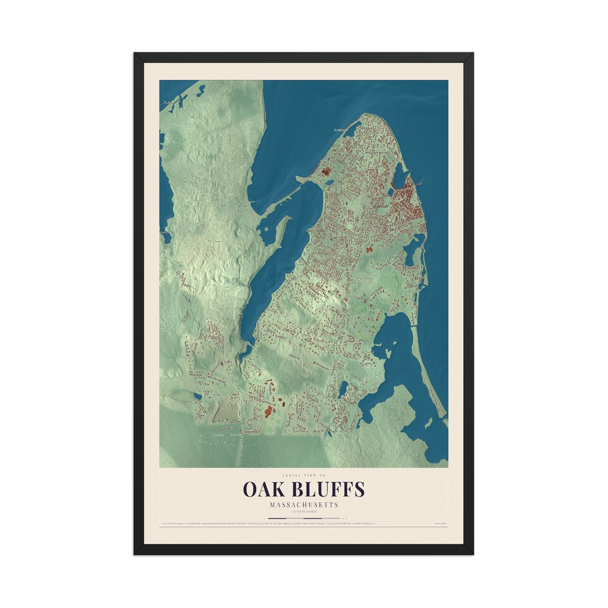 Map of Oak Bluffs, Massachusetts, 12 x 18 inch print in a black wood frame