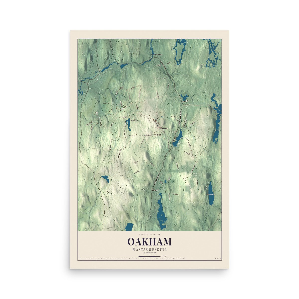 Map of Oakham, Massachusetts, 12 x 18 inch unframed archival matte print