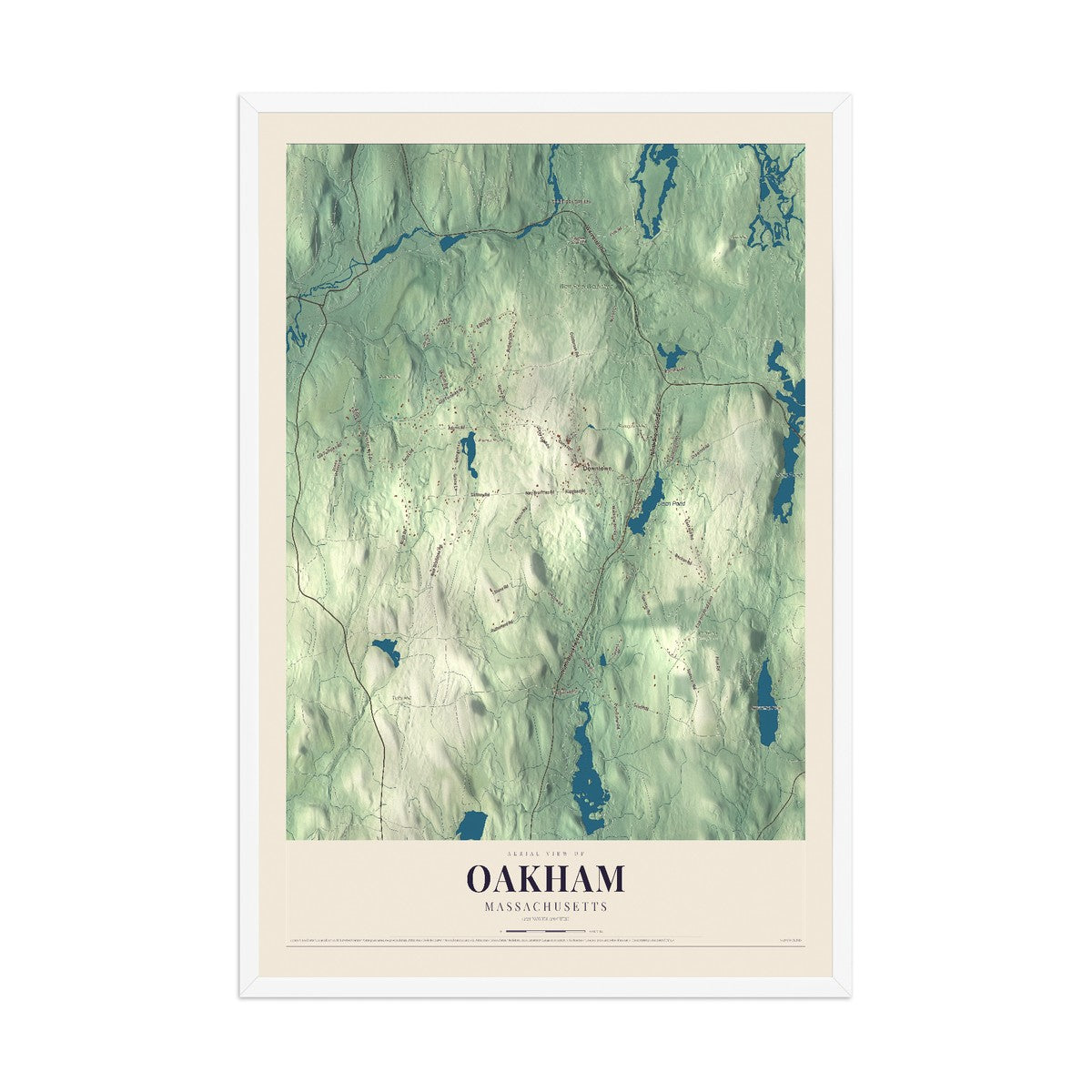 Map of Oakham, Massachusetts, 12 x 18 inch print in a white wood frame