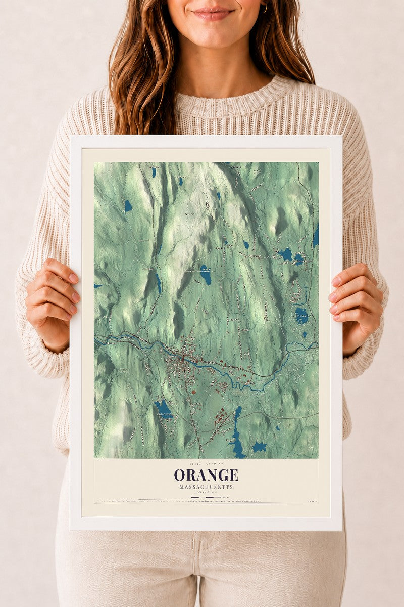 Orange, Massachusetts map print - 12 x 18 white Ayous wood frame