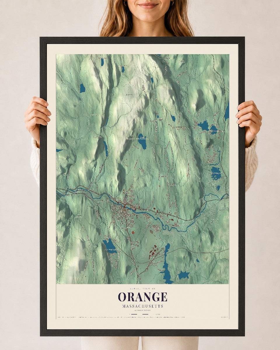 Orange, Massachusetts map print - 24 x 36 black Ayous wood frame