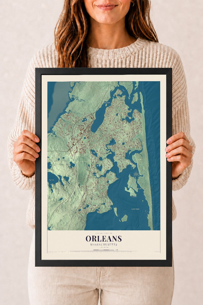 Orleans, Massachusetts map print - 12 x 18 black Ayous wood frame